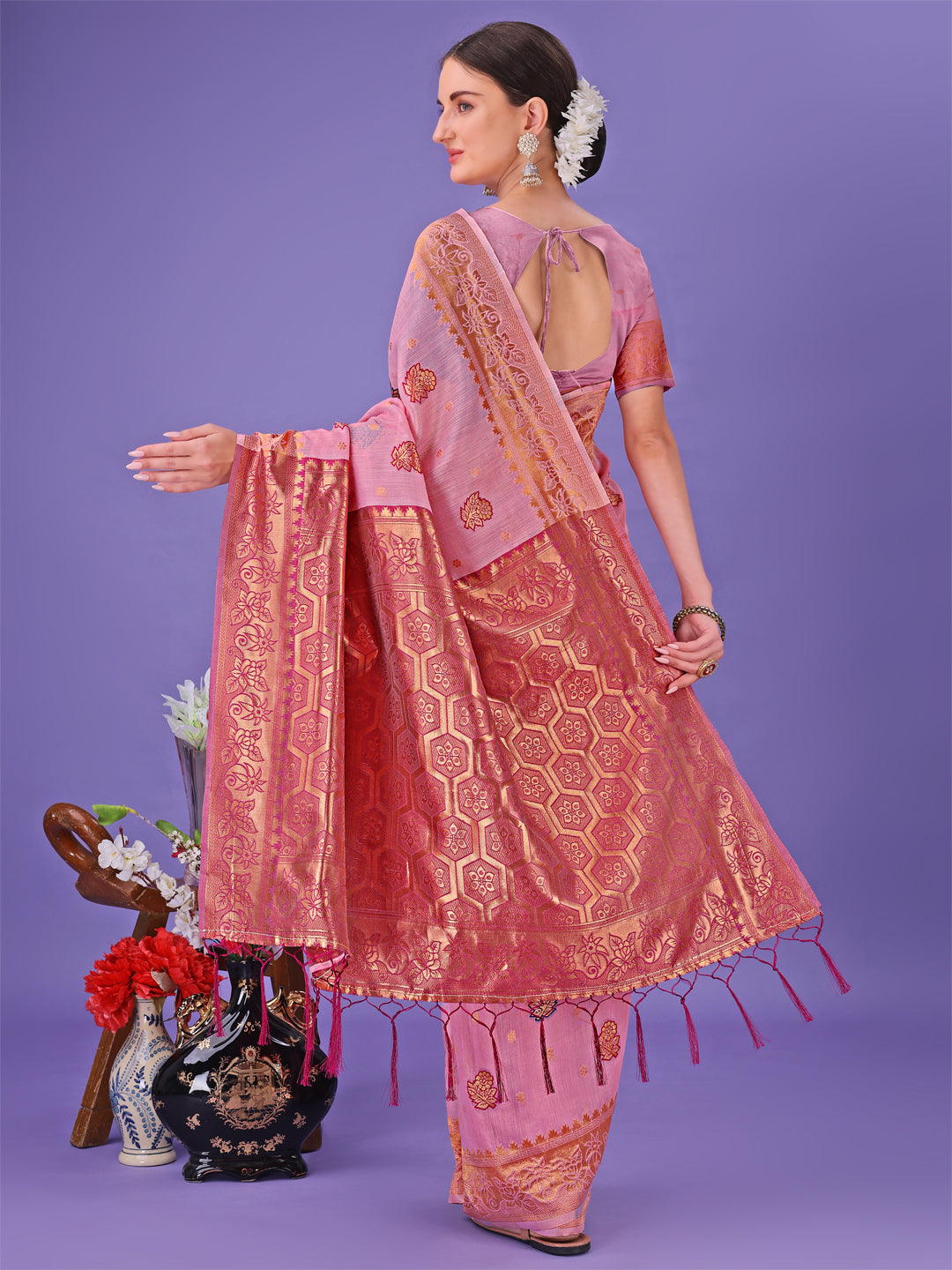 Astita Light Pink Woven Zari Traditional Linen Cotton Saree with Rich Pallu & Unstitched Blouse – Festive & Wedding Wear Saree