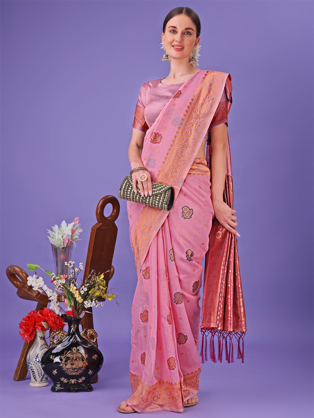 Astita Light Pink Woven Zari Traditional Linen Cotton Saree with Rich Pallu & Unstitched Blouse – Festive & Wedding Wear Saree