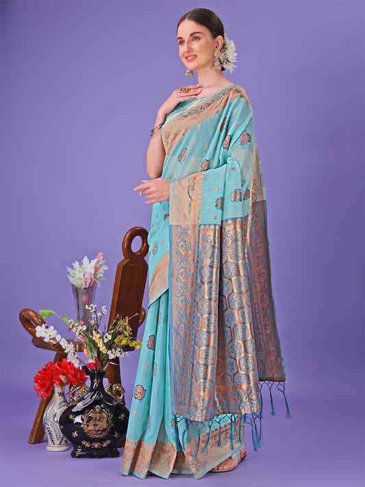 Astita Sea Green Woven Zari Traditional Linen Cotton Saree with Rich Pallu & Unstitched Blouse – Festive & Wedding Wear Saree