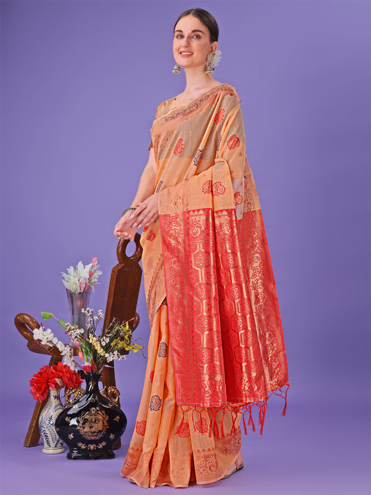 Astita Orange Woven Zari Traditional Linen Cotton Saree with Rich Pallu & Unstitched Blouse – Festive & Wedding Wear Saree