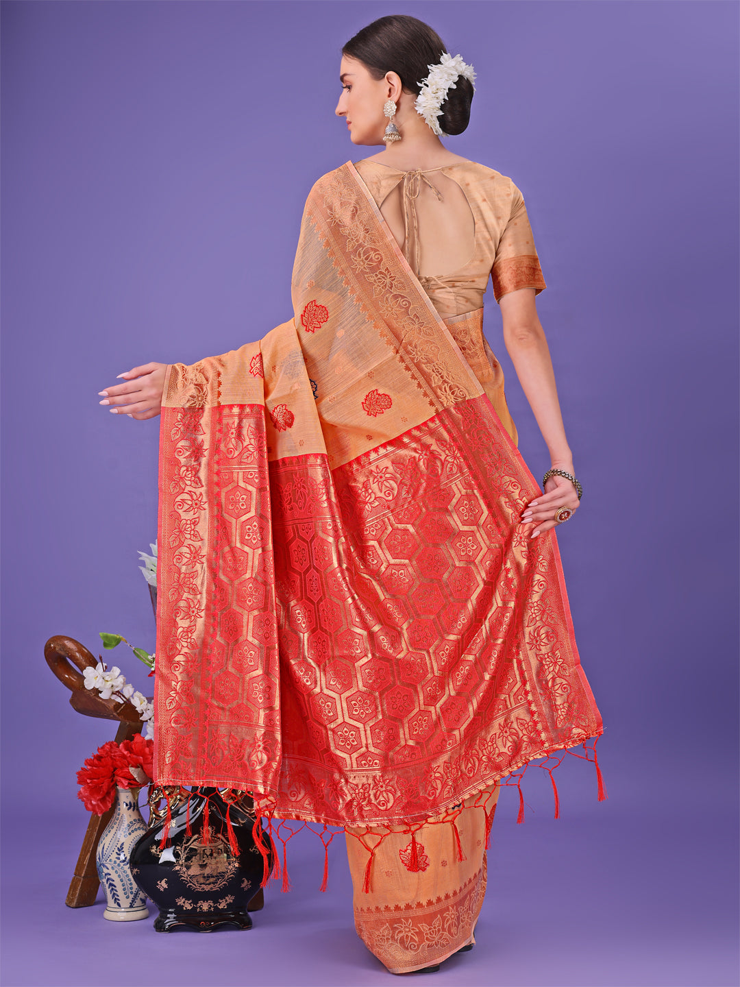 Astita Orange Woven Zari Traditional Linen Cotton Saree with Rich Pallu & Unstitched Blouse – Festive & Wedding Wear Saree