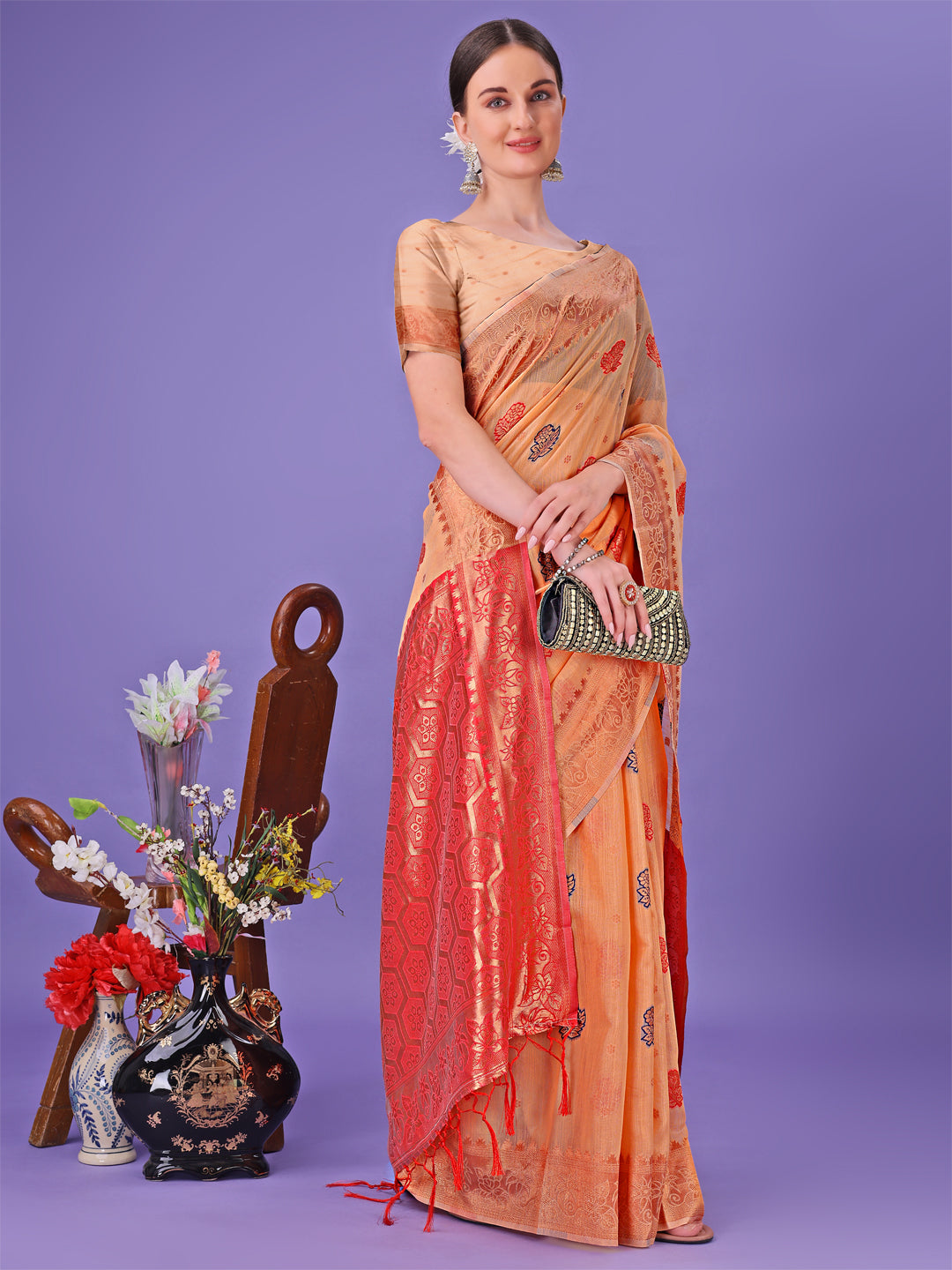 Astita Orange Woven Zari Traditional Linen Cotton Saree with Rich Pallu & Unstitched Blouse – Festive & Wedding Wear Saree