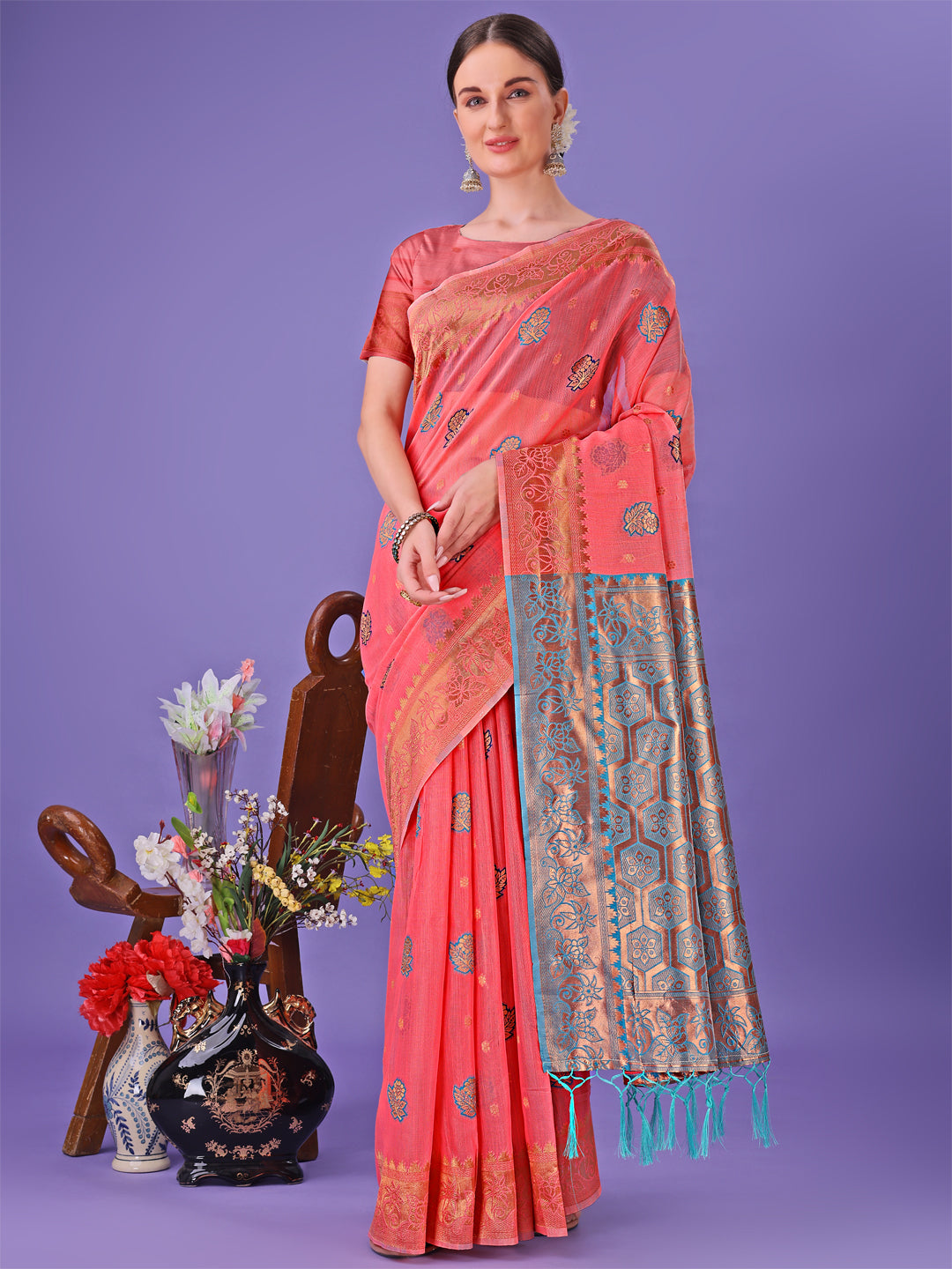 Astita Pink Woven Zari Traditional Linen Cotton Saree with Rich Pallu & Unstitched Blouse – Festive & Wedding Wear Saree