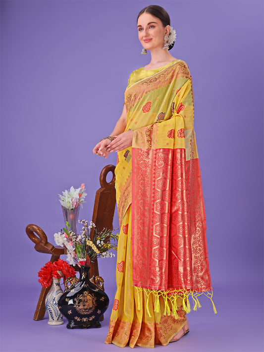 Astita Yellow Woven Zari Traditional Linen Cotton Saree with Rich Pallu & Unstitched Blouse – Festive & Wedding Wear Saree