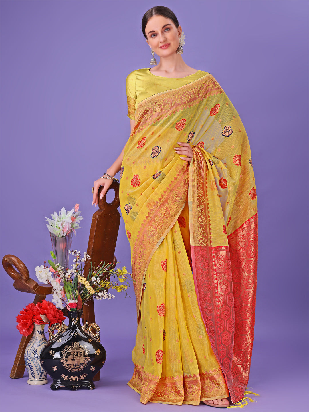 Astita Yellow Woven Zari Traditional Linen Cotton Saree with Rich Pallu & Unstitched Blouse – Festive & Wedding Wear Saree