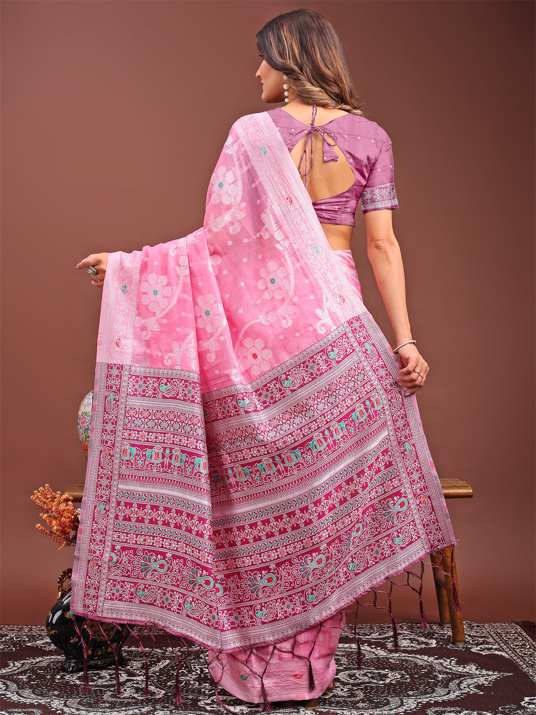 Astita Elegant Pink Linen Cotton Saree with Traditional Red Pallu & Blouse Piece