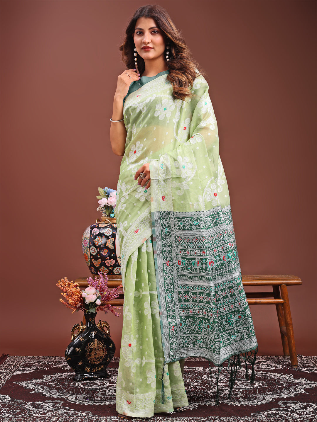 Astita Elegant Light Green Linen Cotton Saree with Traditional Red Pallu & Blouse Piece