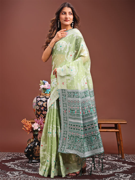 Astita Elegant Light Green Linen Cotton Saree with Traditional Red Pallu & Blouse Piece