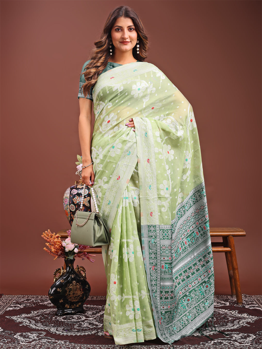 Astita Elegant Light Green Linen Cotton Saree with Traditional Red Pallu & Blouse Piece