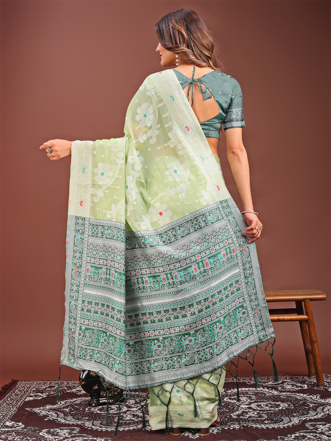 Astita Elegant Light Green Linen Cotton Saree with Traditional Red Pallu & Blouse Piece