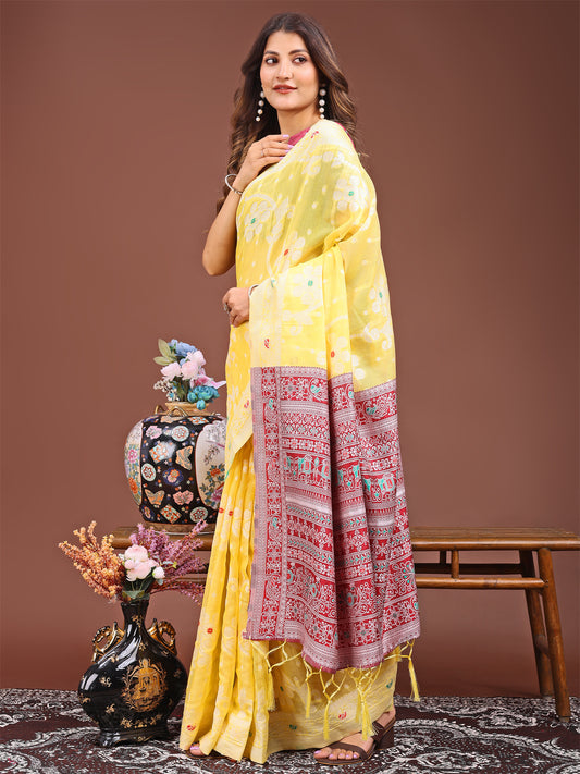 Astita Elegant Yellow Linen Cotton Saree with Traditional Red Pallu & Blouse Piece
