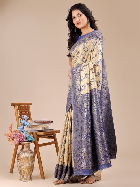 Astita Graceful Cream and Navy Blue Silk Saree – Traditional Elegance with Royal Charm