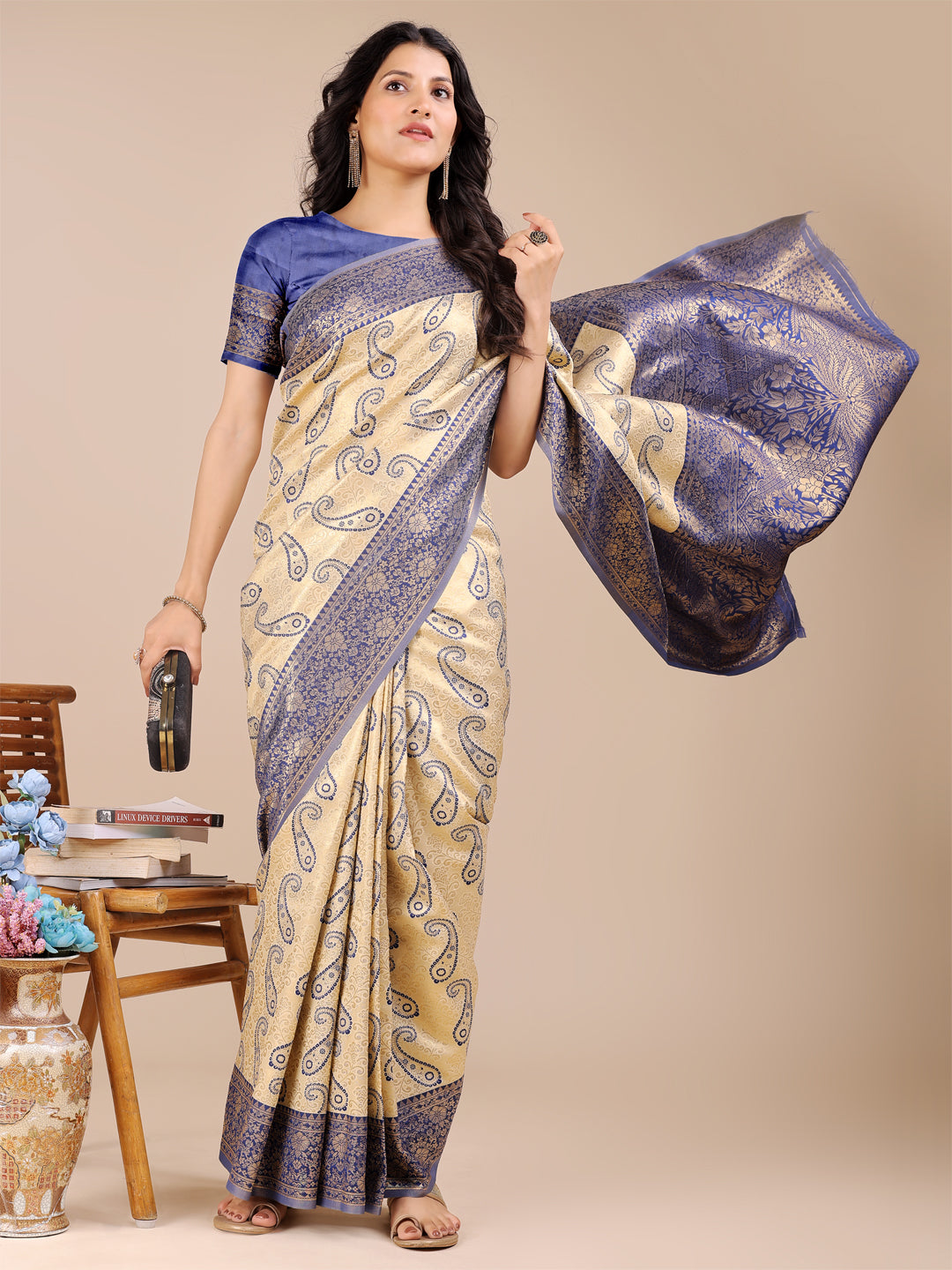 Astita Graceful Cream and Navy Blue Silk Saree – Traditional Elegance with Royal Charm