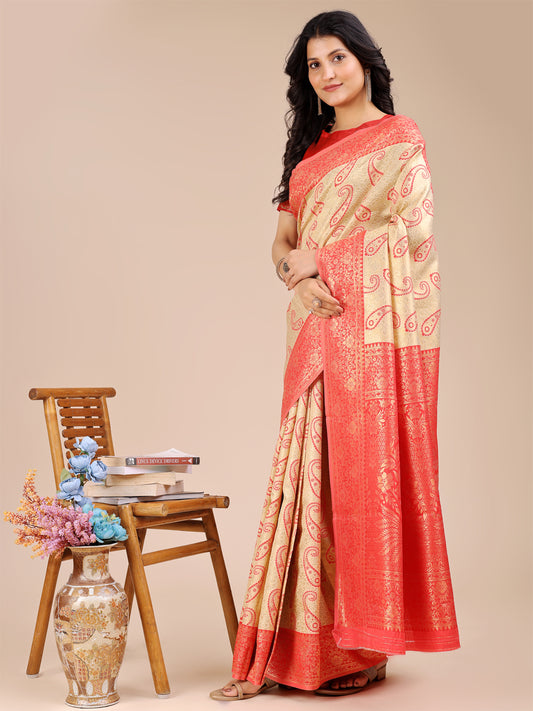 Astita Graceful Cream and Red Silk Saree – Traditional Elegance with Royal Charm