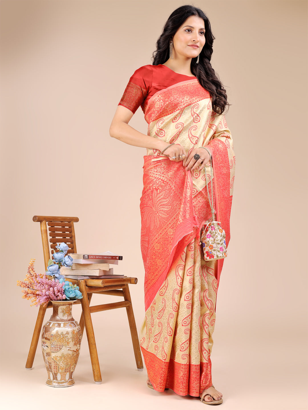 Astita Graceful Cream and Red Silk Saree – Traditional Elegance with Royal Charm