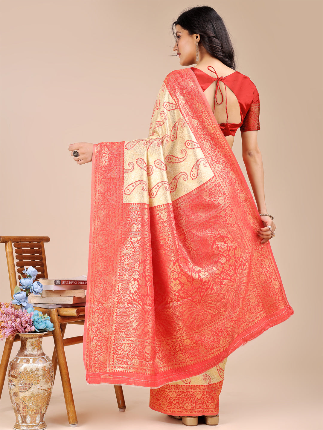 Astita Graceful Cream and Red Silk Saree – Traditional Elegance with Royal Charm