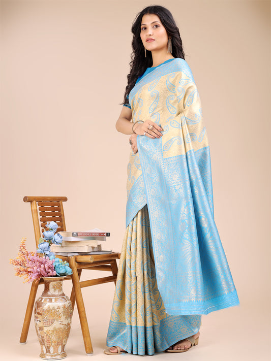 Astita Graceful Cream and Sky blue Silk Saree – Traditional Elegance with Royal Charm