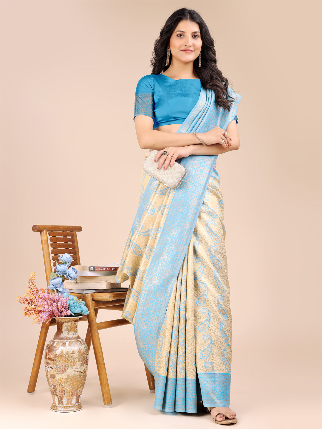 Astita Graceful Cream and Sky blue Silk Saree – Traditional Elegance with Royal Charm