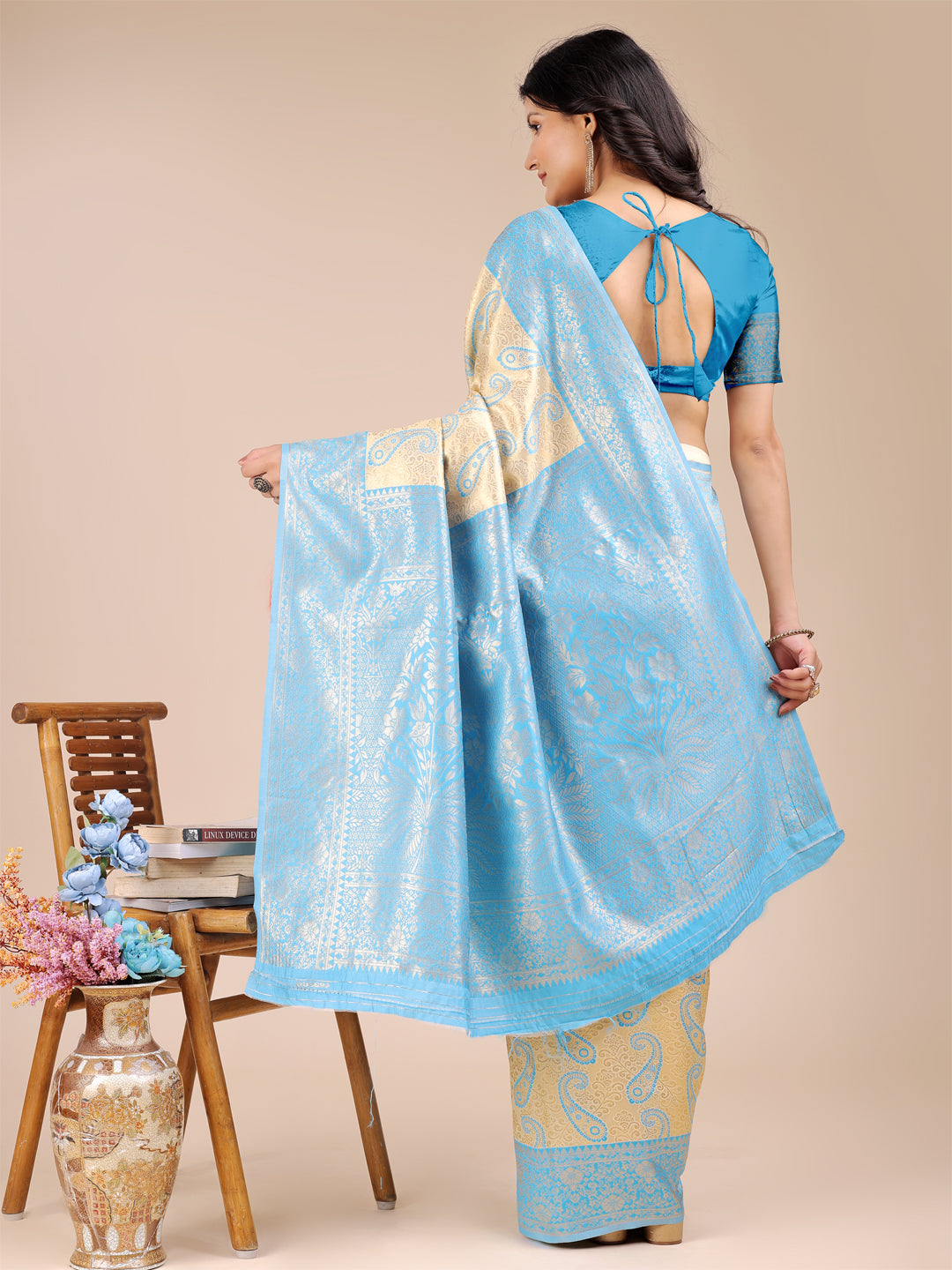 Astita Graceful Cream and Sky blue Silk Saree – Traditional Elegance with Royal Charm