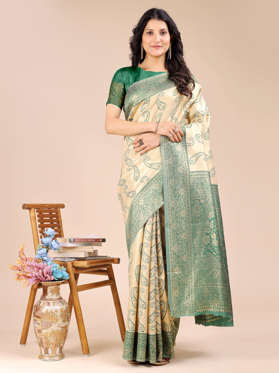 Astita Graceful Cream and Green Silk Saree – Traditional Elegance with Royal Charm