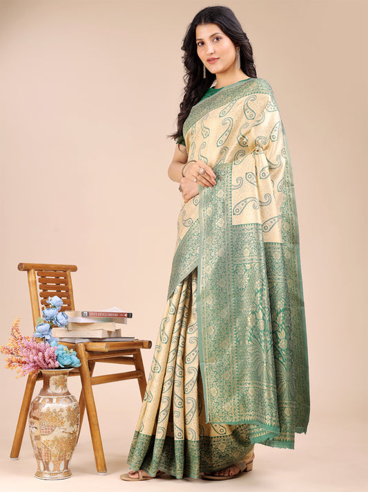 Astita Graceful Cream and Green Silk Saree – Traditional Elegance with Royal Charm