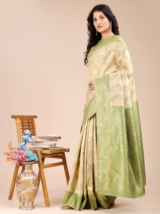 Astita Graceful Cream and Light Green Silk Saree – Traditional Elegance with Royal Charm