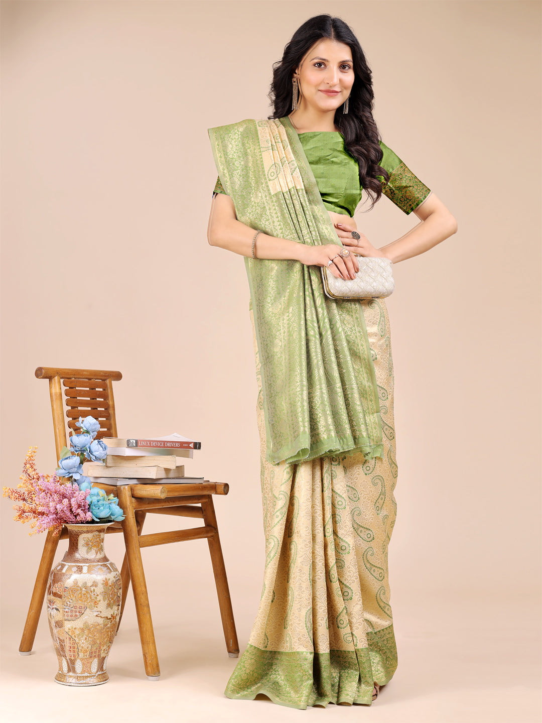 Astita Graceful Cream and Light Green Silk Saree – Traditional Elegance with Royal Charm