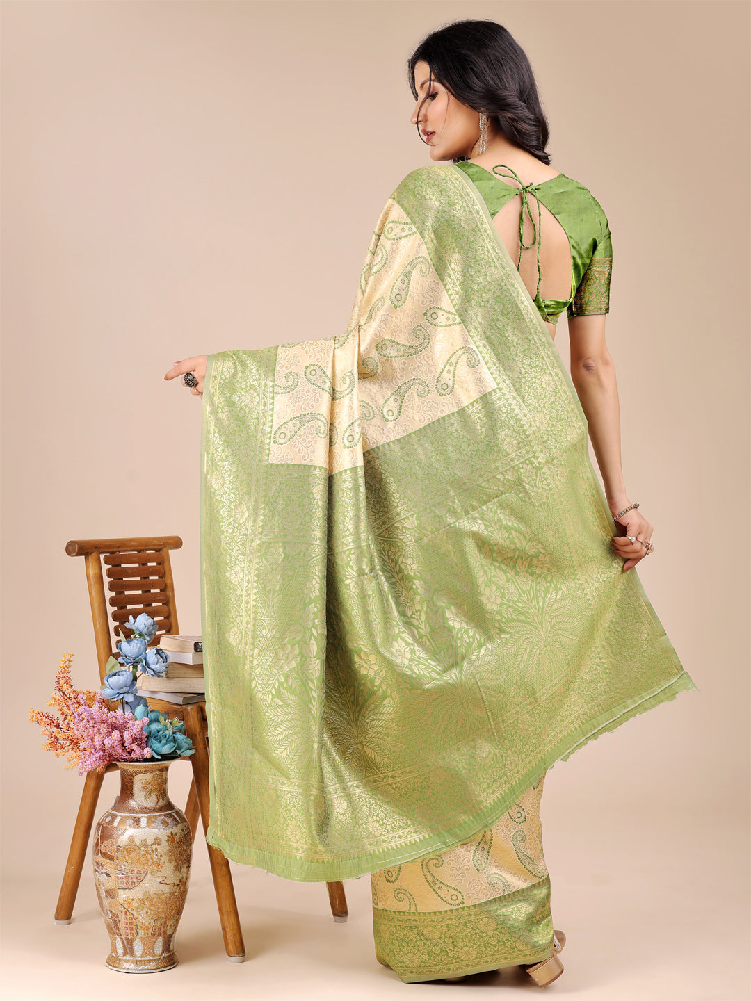 Astita Graceful Cream and Light Green Silk Saree – Traditional Elegance with Royal Charm