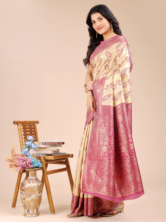 Astita Graceful Cream and Magenta Silk Saree – Traditional Elegance with Royal Charm