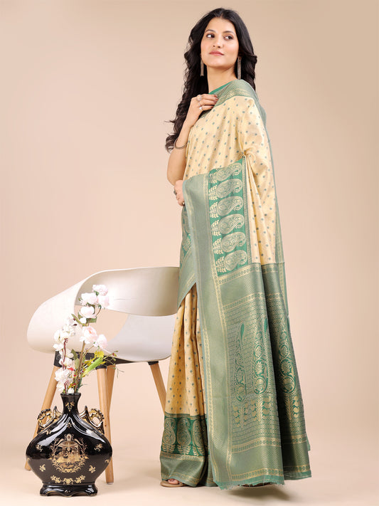 Astita Graceful Cream and Green Silk Saree – Traditional Elegance with Royal Charm