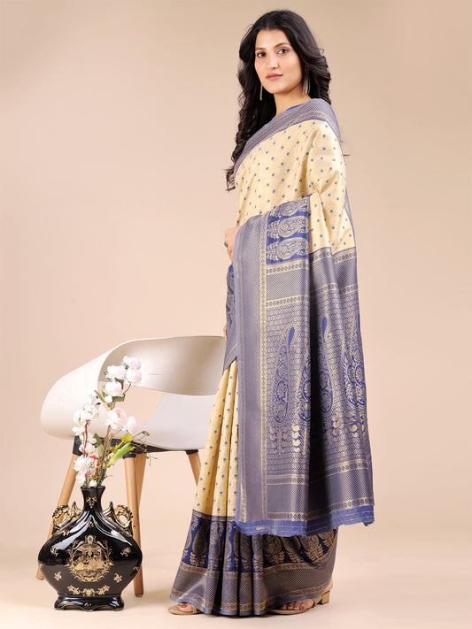 Astita Graceful Cream and Navy Blue Silk Saree – Traditional Elegance with Royal Charm