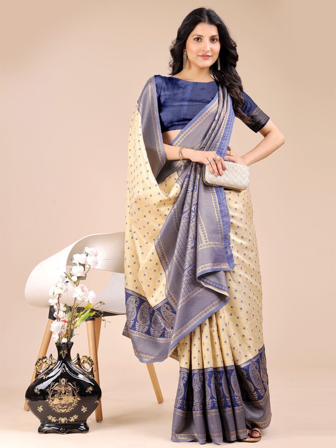 Astita Graceful Cream and Navy Blue Silk Saree – Traditional Elegance with Royal Charm