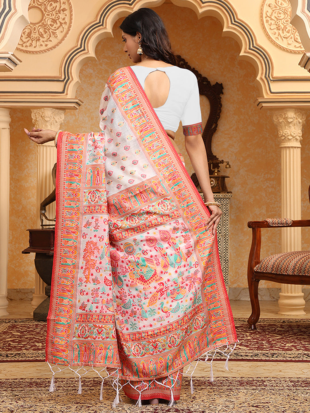 Astita Graceful Woven Linen Cotton Saree with Intricate Traditional Patterns and Tassel Detailing – Lightweight Ethnic Saree for Festive, Office & Everyday Elegant Look