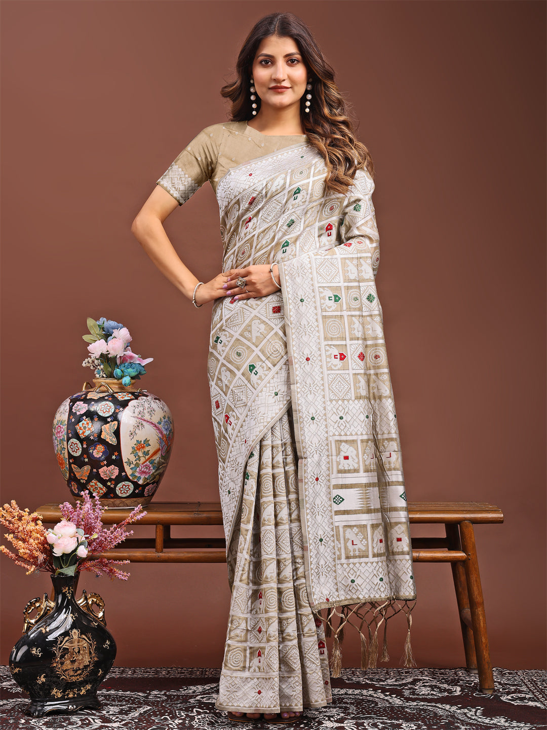 Astita Threads of Tradition: Beige Linen Cotton Saree Woven with Stories of Grace & Heritage