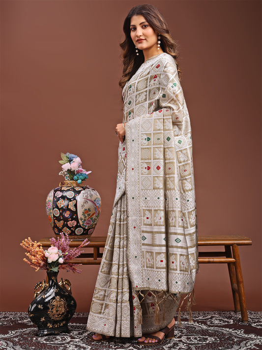 Astita Threads of Tradition: Beige Linen Cotton Saree Woven with Stories of Grace & Heritage