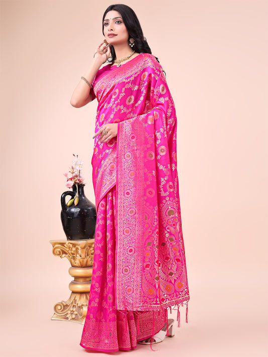 Pink Banarasi Silk Saree with Floral Zari Weaving