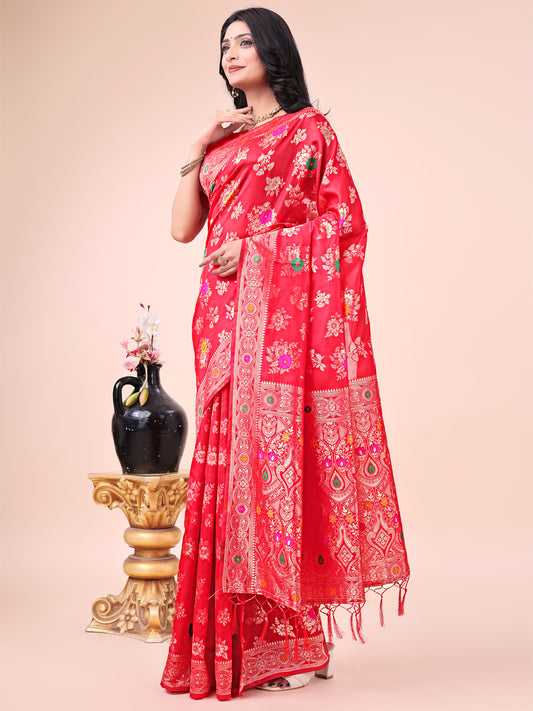Red Banarasi Silk Saree with Floral Zari Weaving
