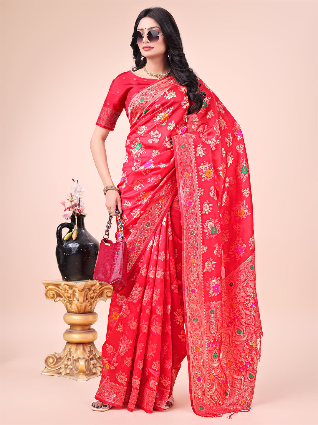 Red Banarasi Silk Saree with Floral Zari Weaving