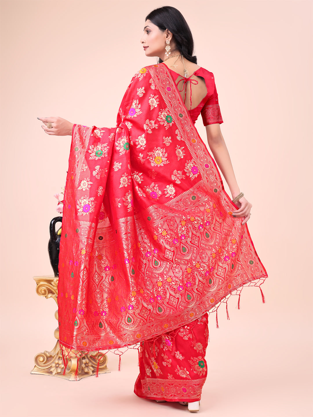 Red Banarasi Silk Saree with Floral Zari Weaving