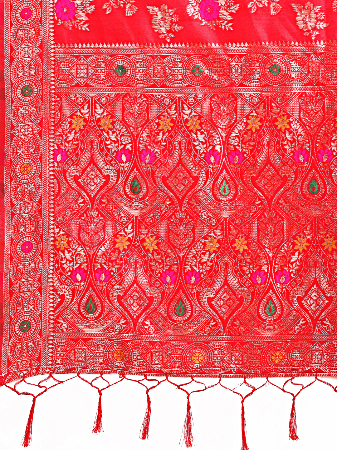 Red Banarasi Silk Saree with Floral Zari Weaving