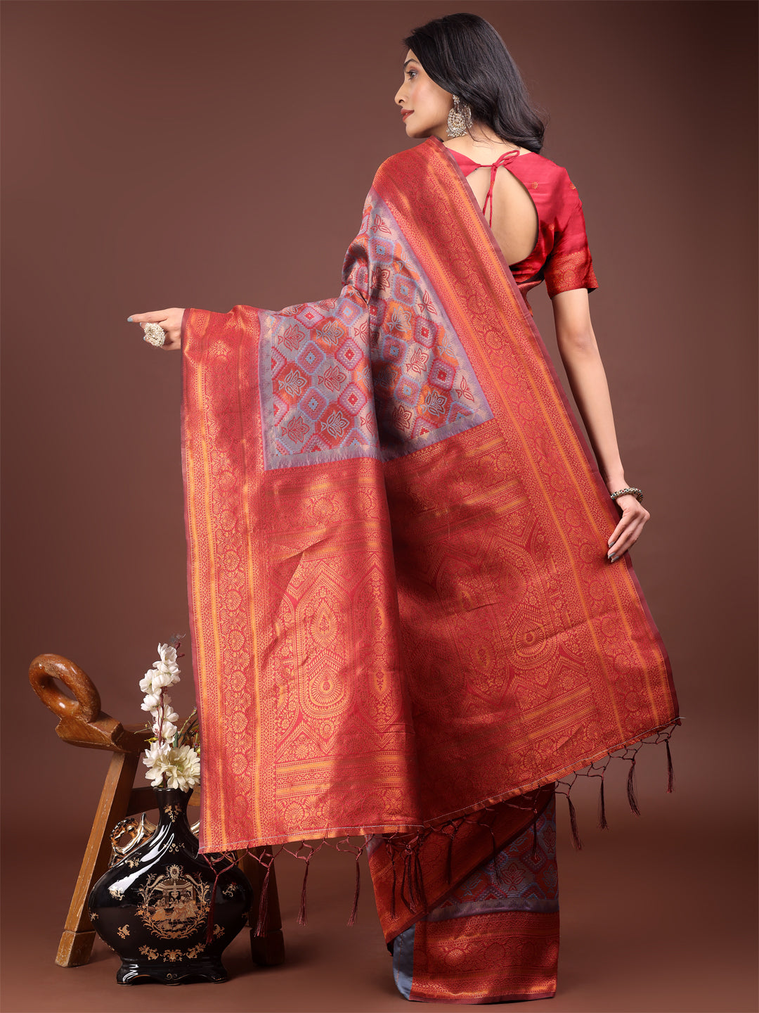 Astita Majestic Red & Grey Silk Saree with Rich Woven Pallu – A Regal Touch for Special Moments