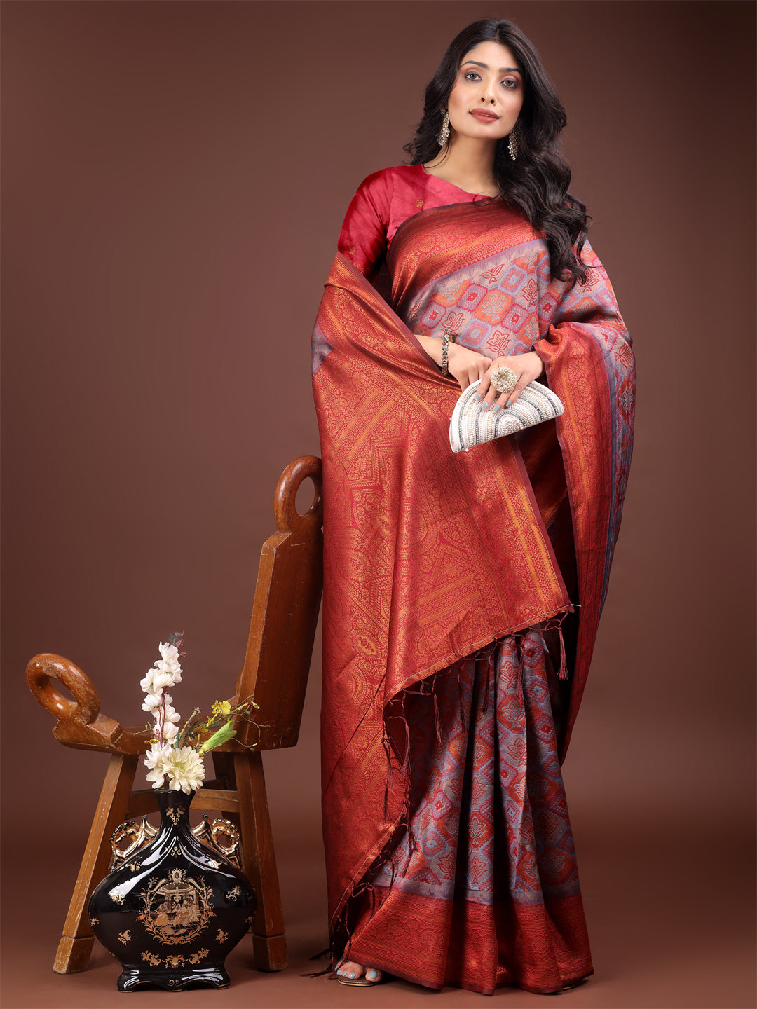 Astita Majestic Red & Grey Silk Saree with Rich Woven Pallu – A Regal Touch for Special Moments