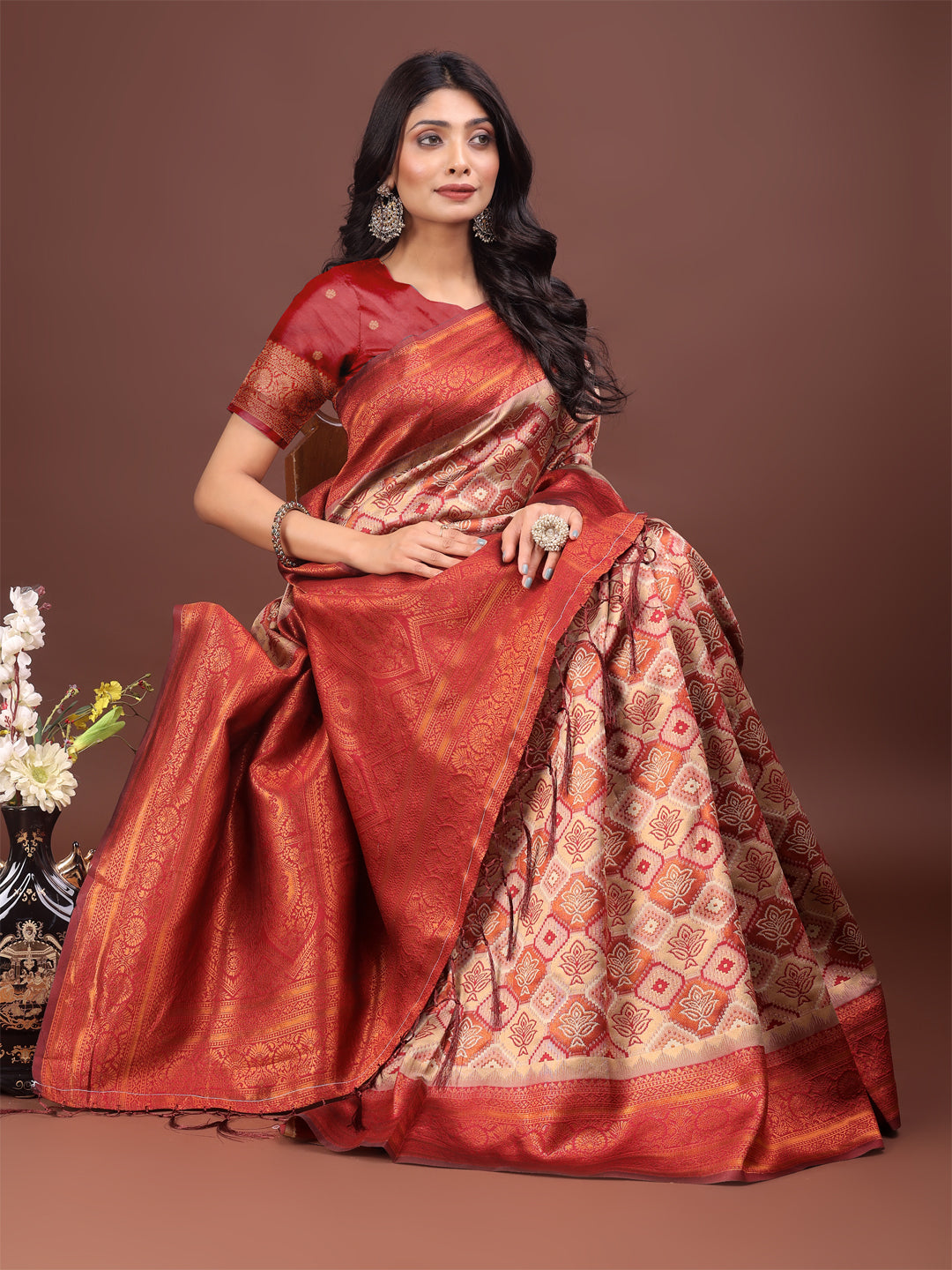 Astita Majestic Red & Cream Silk Saree with Rich Woven Pallu – A Regal Touch for Special Moments