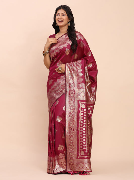 Astita Magenta Banarasi Silk Saree with Rich Zari Weaving Border and Pallu for Wedding and Festive Wear