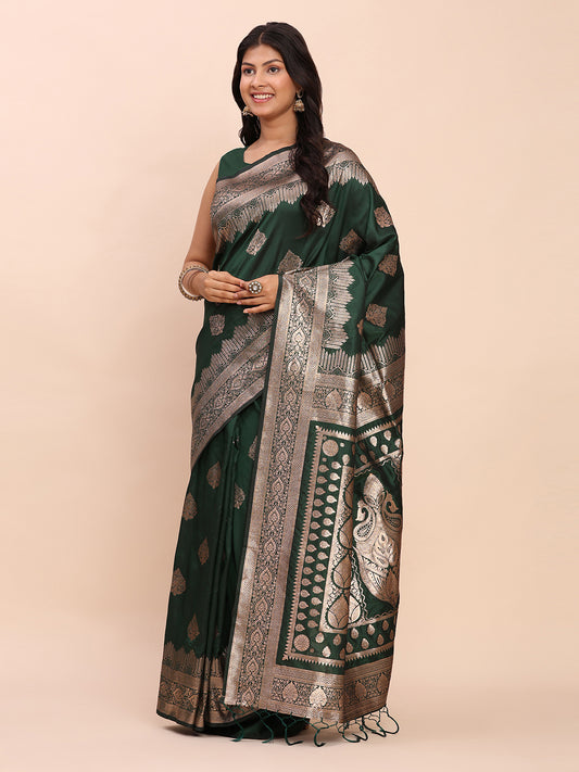 Astita Dark Green Banarasi Silk Saree with Rich Zari Weaving Border and Pallu for Wedding and Festive Wear