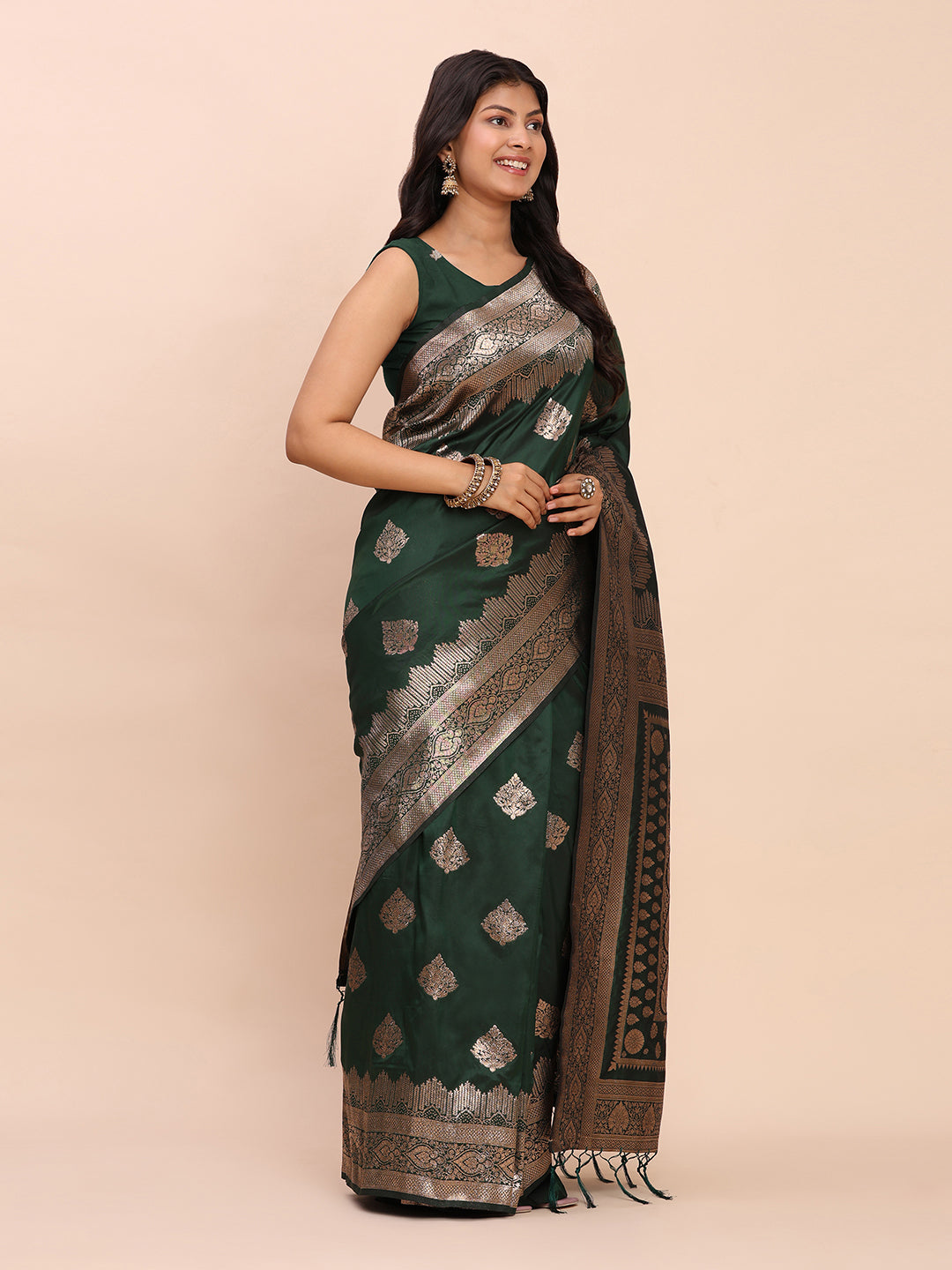 Astita Dark Green Banarasi Silk Saree with Rich Zari Weaving Border and Pallu for Wedding and Festive Wear