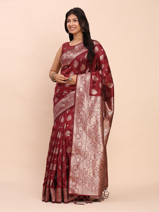 Astita Maroon Banarasi Silk Saree with Rich Zari Weaving Border and Pallu for Wedding and Festive Wear