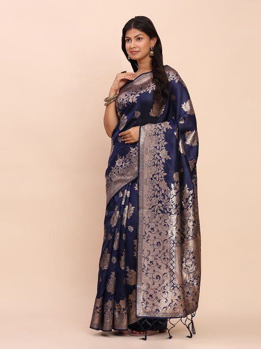 Astita Navy Blue Banarasi Silk Saree with Rich Zari Weaving Border and Pallu for Wedding and Festive Wear