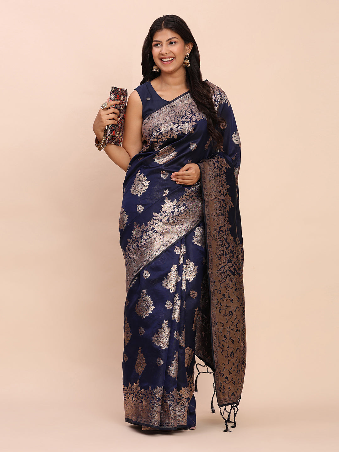 Astita Navy Blue Banarasi Silk Saree with Rich Zari Weaving Border and Pallu for Wedding and Festive Wear