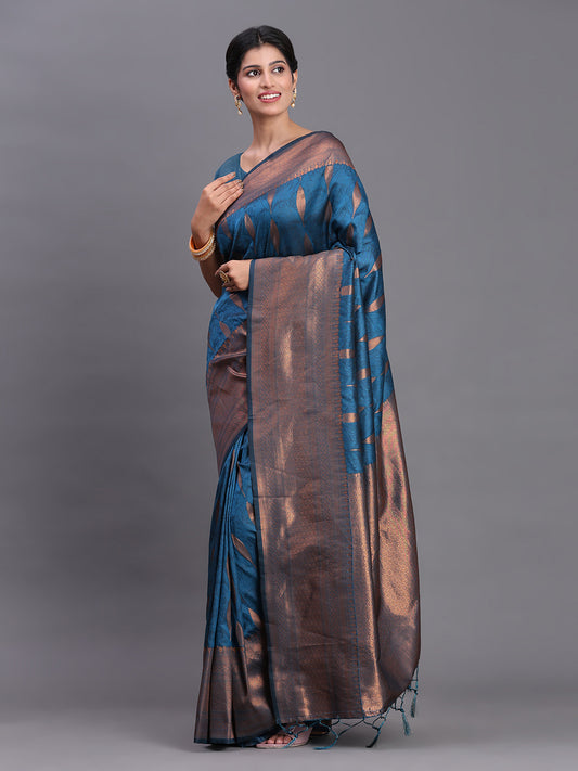 Astita Navy Blue Banarasi Silk Saree with Copper Zari Woven Pallu & Feather Butta – Wedding & Festive Wear